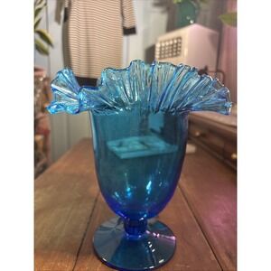 Blenko Art Glass Azure Blue Ruffle Blown Glass Pedestal Vase Aqua Blue.